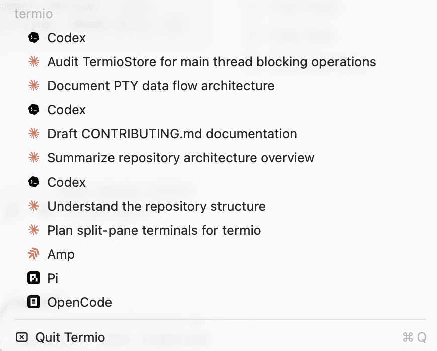 The Termio menu-bar tray listing sessions grouped by project