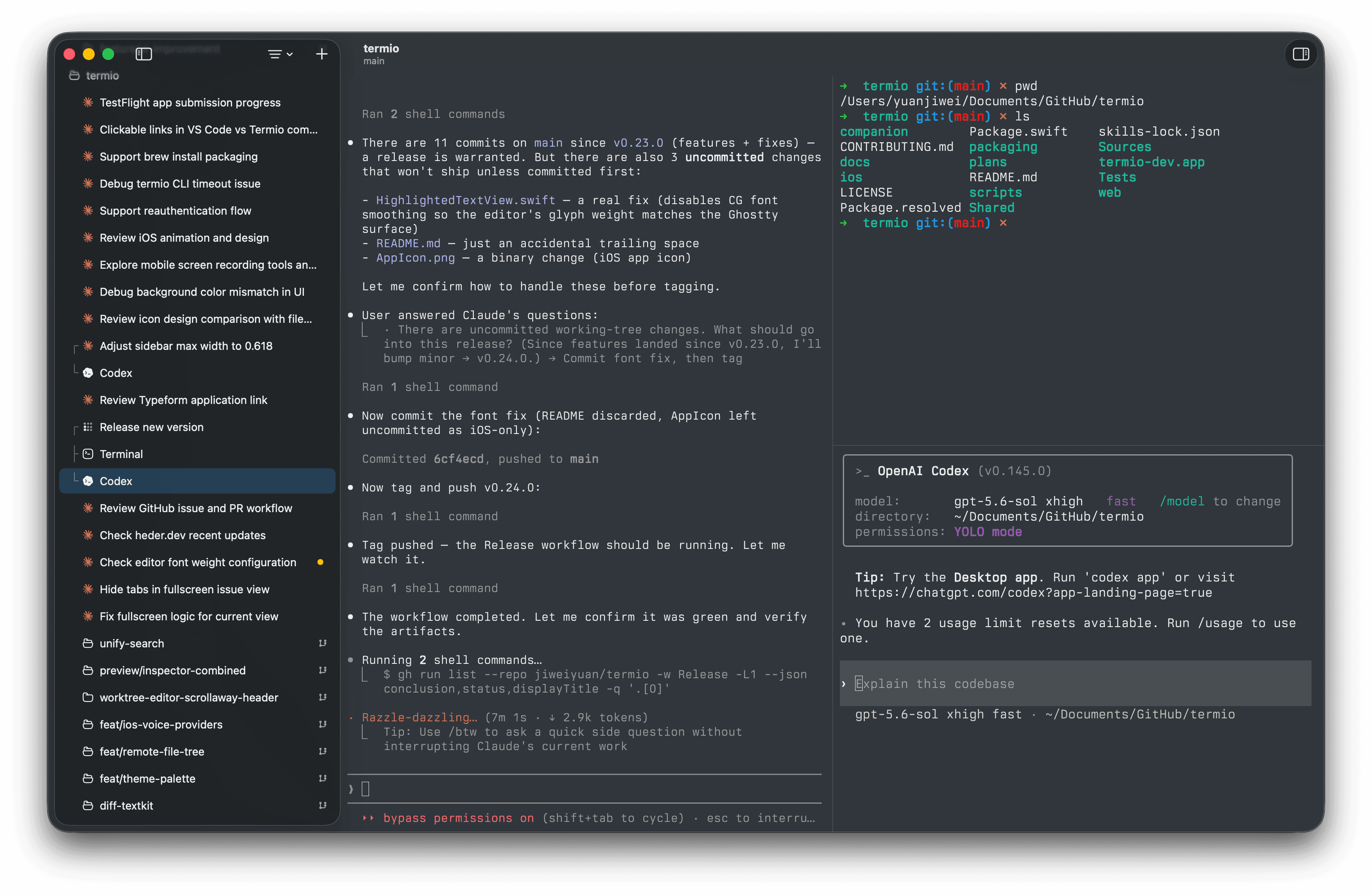 Termio in dark mode: a live Claude Code session next to the project sidebar.